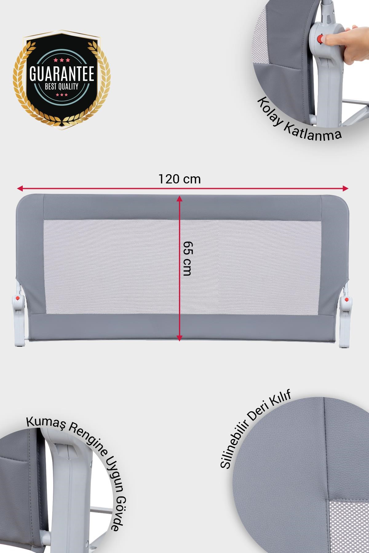 Wellgro Premium 120x65 cm Deri Kılıflı Yatak Bariyeri, Katlanır Yatak Korkuluğu, Gri