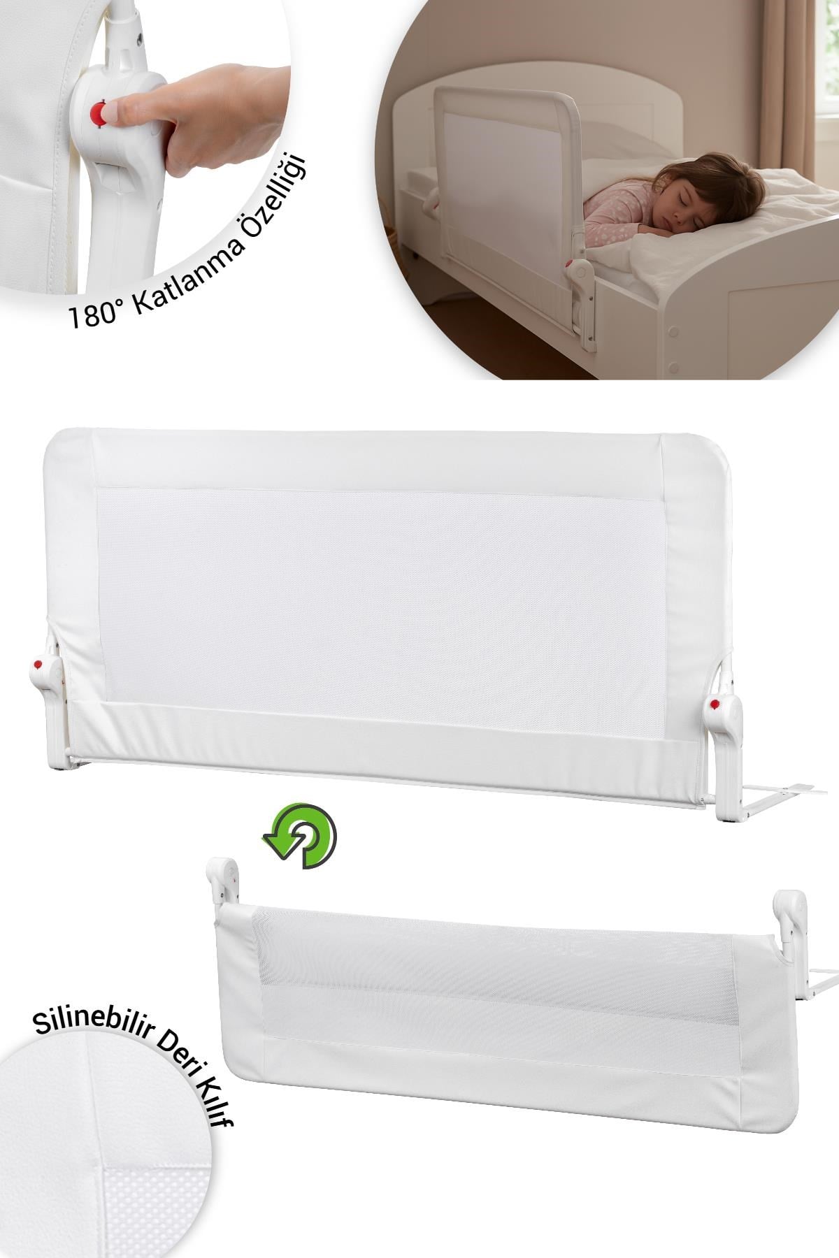 Wellgro Premium 120x65 cm Deri Kılıflı Yatak Bariyeri, Katlanır Yatak Korkuluğu, Beyaz
