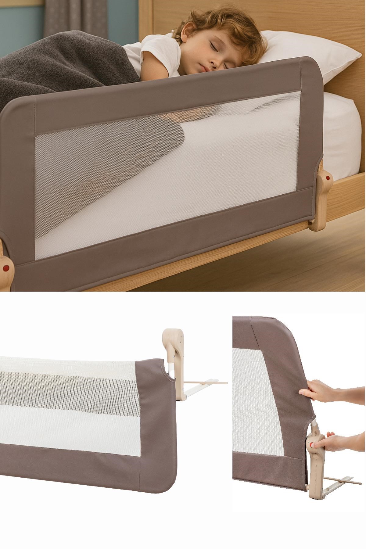 Wellgro Premium 150x65 cm Deri Kılıflı Yatak Bariyeri, Katlanır Yatak Korkuluğu, Kahve