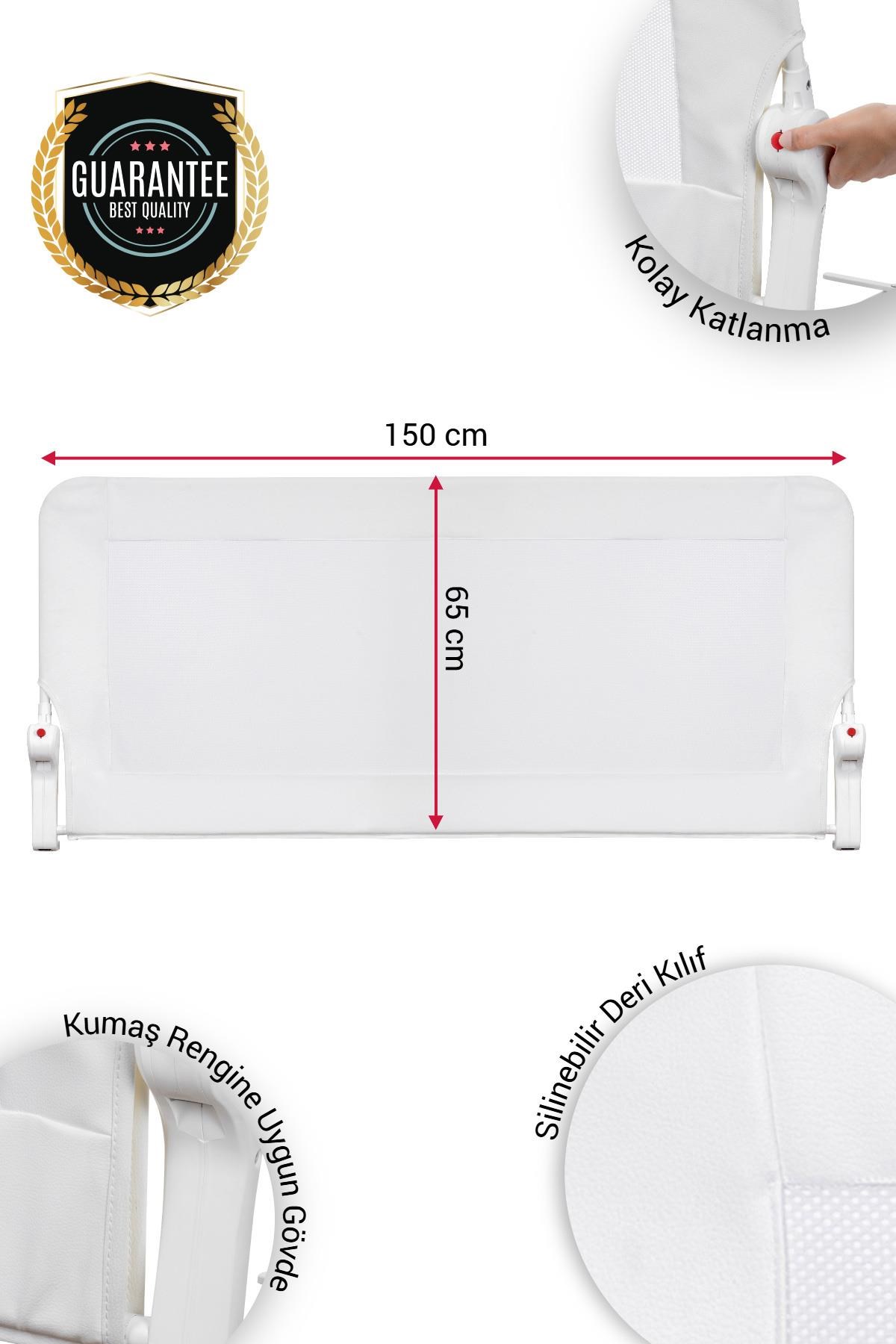 Wellgro Premium 150x65 cm Deri Kılıflı Yatak Bariyeri, Katlanır Yatak Korkuluğu, Beyaz