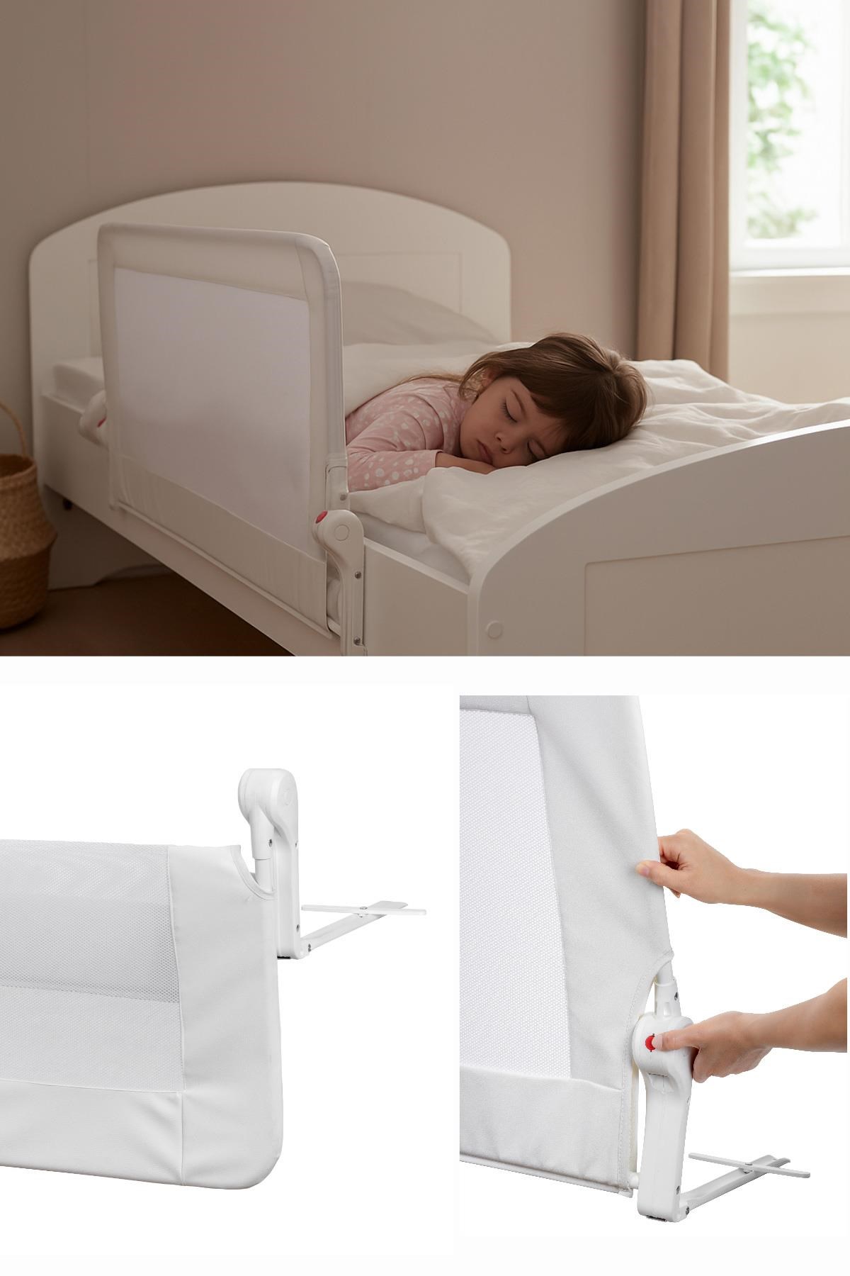 Wellgro Premium 150x65 cm Deri Kılıflı Yatak Bariyeri, Katlanır Yatak Korkuluğu, Beyaz