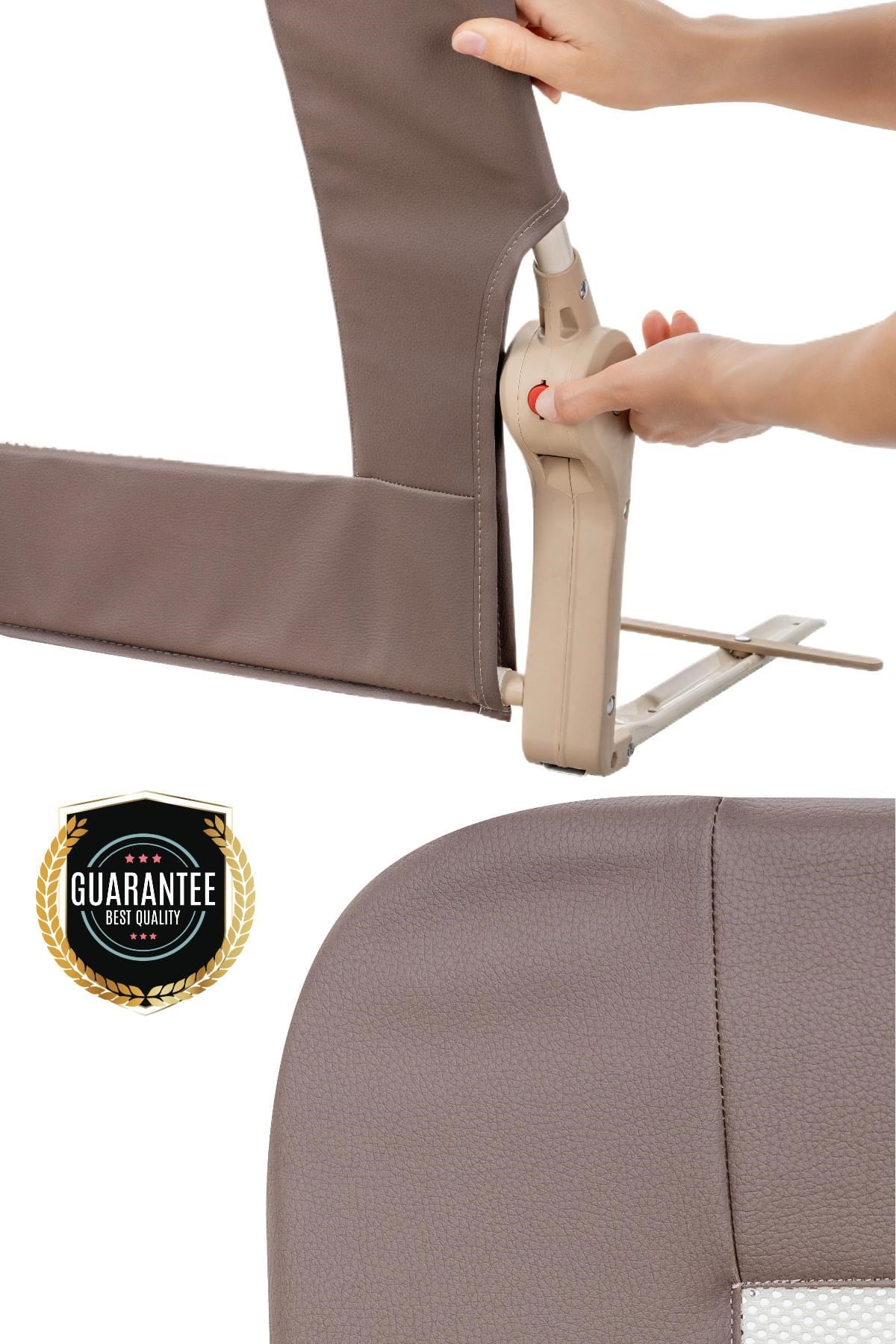 Wellgro Premium 150x65 cm Deri Kılıflı Yatak Bariyeri, Katlanır Yatak Korkuluğu, Kahve