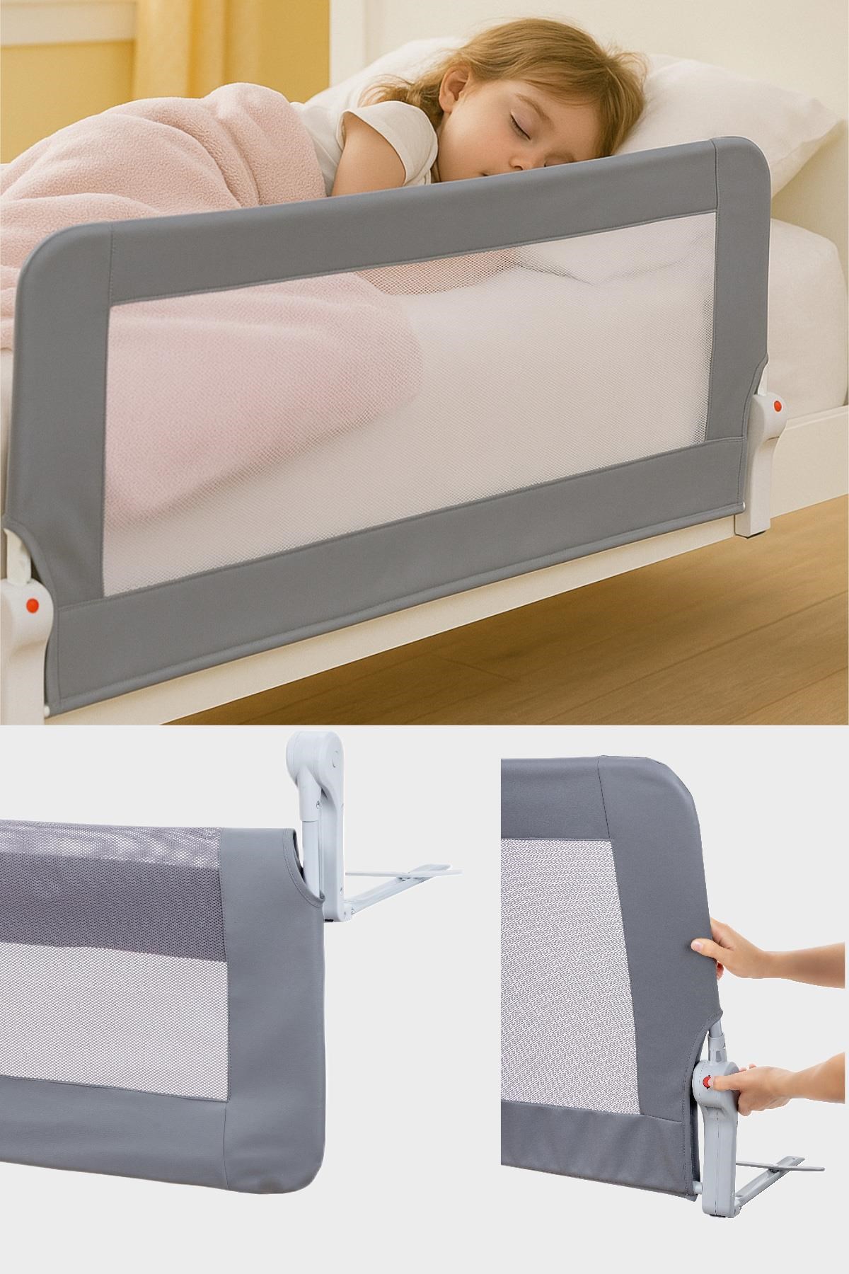 Wellgro Premium 150x65 cm Deri Kılıflı Yatak Bariyeri, Katlanır Yatak Korkuluğu, Gri