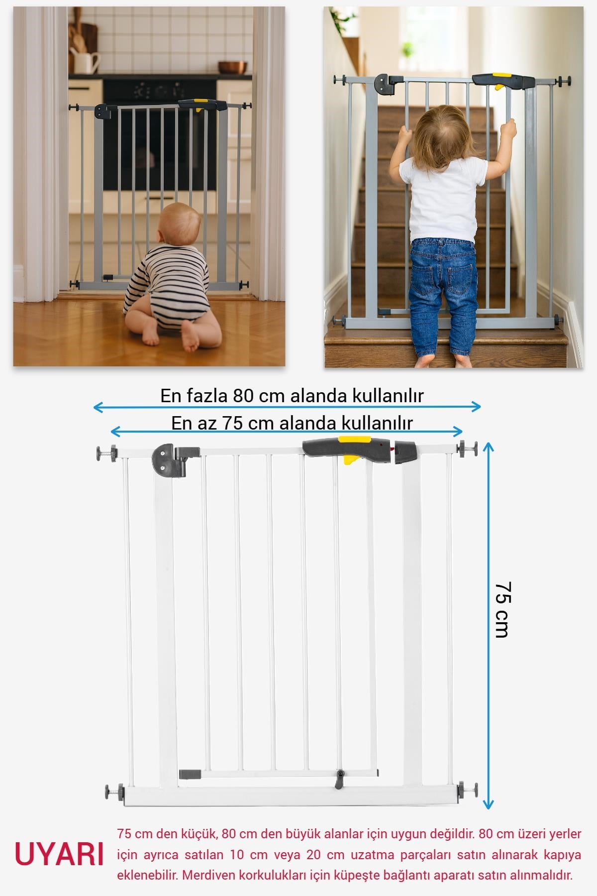 Wellgro Pro 75-80 cm Çocuk Güvenlik Kapısı, Merdiven Kapısı ve Korkuluk, Beyaz