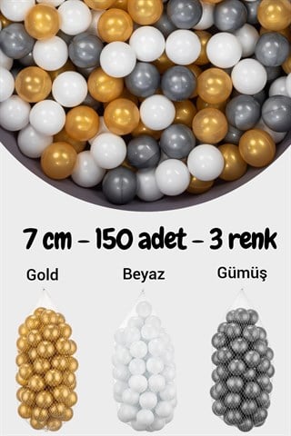 Wellgro 7 Cm Top Havuzu Topu 150 Adet Gold, Beyaz, Gümüş