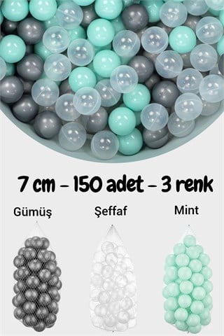 Wellgro 7 Cm Top Havuzu Topu 150 Adet Mint, Beyaz, Gümüş
