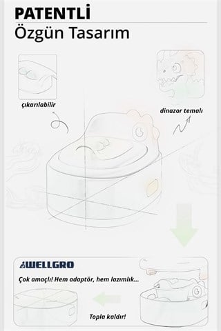 Wellgro Dino 2si 1 Arada Bebek Lazımlık ve Tuvalet Adaptörü - Gri