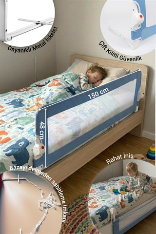Wellgro Littles 150*48 cm Mavi Yatak Bariyeri, Çocuk Yatak Korkuluğu