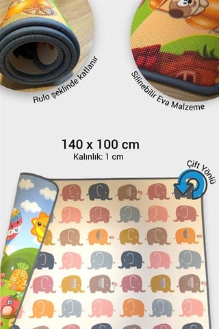 Wellgro Oyun Matı, 140x100x1 cm Çift Taraflı Rulo Oyun Halısı 