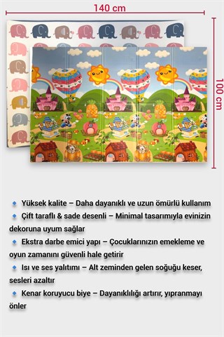 Wellgro Oyun Matı, 140x100x1 cm Çift Taraflı Rulo Oyun Halısı 