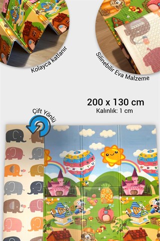 Wellgro Oyun Matı, 200x130x1 cm Çift Taraflı Katlanır Oyun Halısı 