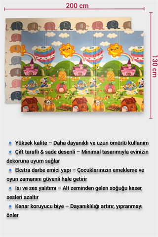 Wellgro Oyun Matı, 200x130x1 cm Çift Taraflı Katlanır Oyun Halısı 