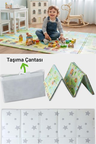 Wellgro Oyun Matı, 200x130x1 cm Çift Taraflı Katlanır Oyun Halısı 