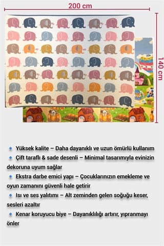Wellgro Oyun Matı, 200x140x1 cm Çift Taraflı Rulo Oyun Halısı 