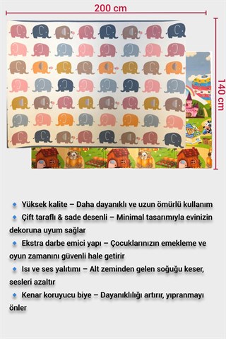 Wellgro Oyun Matı, 200x140x1 cm Çift Taraflı Rulo Oyun Halısı 