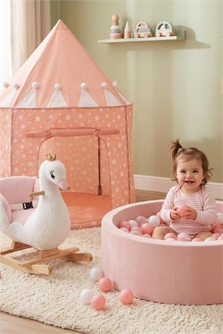 Wellgro Pembe Masal Dünyası 3lü Oyun Seti - Şato Çadır, Sallanan Ahşap Kuğu ve Sünger Top Havuzu (150 Top Dahil)