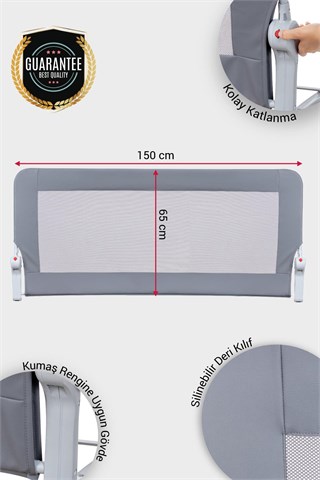 Wellgro Premium 150x65 cm Deri Kılıflı Yatak Bariyeri, Katlanır Yatak Korkuluğu, Gri