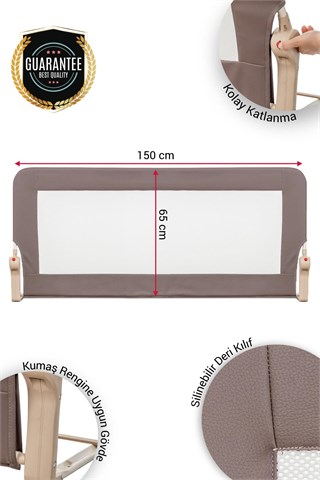 Wellgro Premium 150x65 cm Deri Kılıflı Yatak Bariyeri, Katlanır Yatak Korkuluğu, Kahve