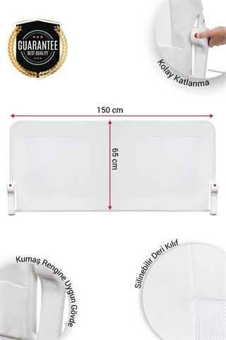 Wellgro Premium 150x65 cm Deri Kılıflı Yatak Bariyeri, Katlanır Yatak Korkuluğu, Beyaz