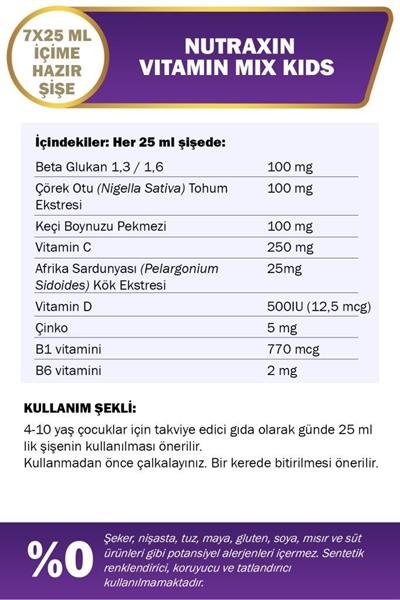 Nutraxin Vitamin Mix For Kids 7 x 25 ml Içime Hazır Şişe - Çilek Aromalı