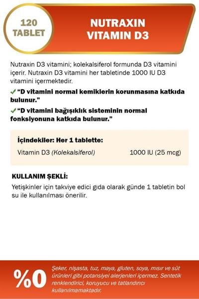 Nutraxin D3 Vitamin 25 Mcg 1000 IU 120 Tablet