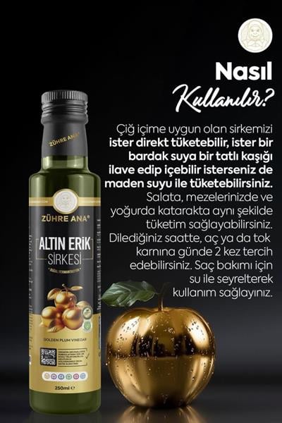Zühre Ana Mirabelle Altın Erik Sirkesi Doğal Fermantasyon Prebiyotik Form Sirkesi 250 Ml
