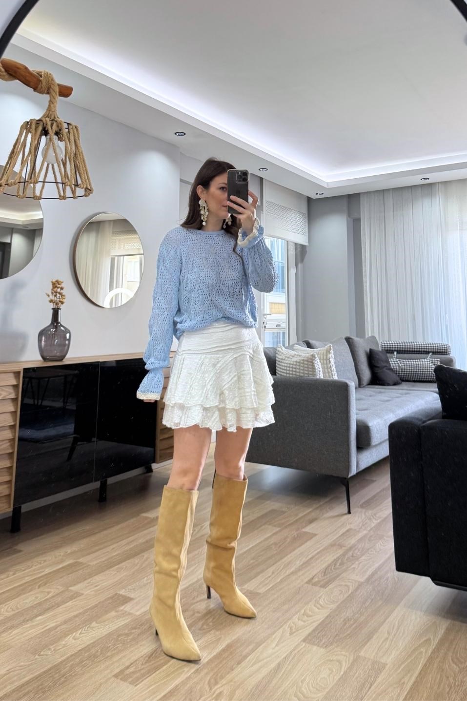 Alisse Vintage Ajur Triko Bluz Bebe Mavi