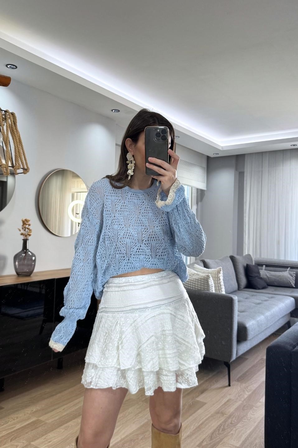Alisse Vintage Ajur Triko Bluz Bebe Mavi