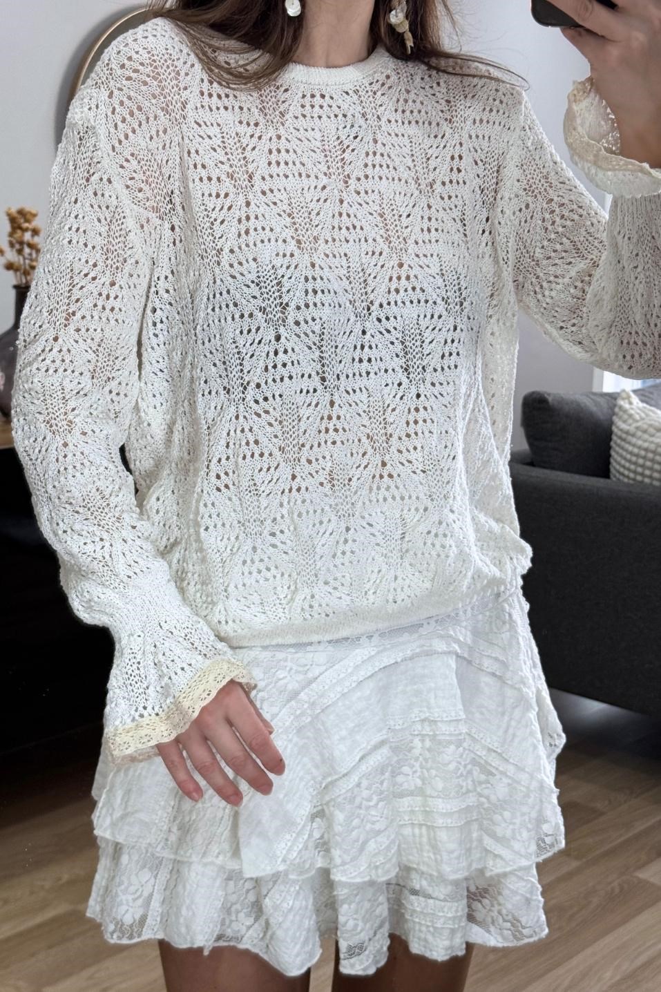 Alisse Vintage Ajur Triko Bluz Ekru
