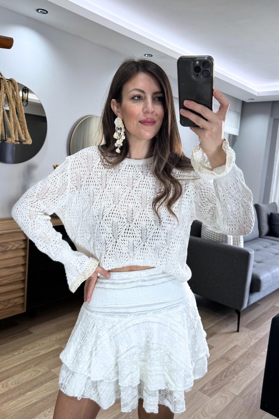 Alisse Vintage Ajur Triko Bluz Ekru