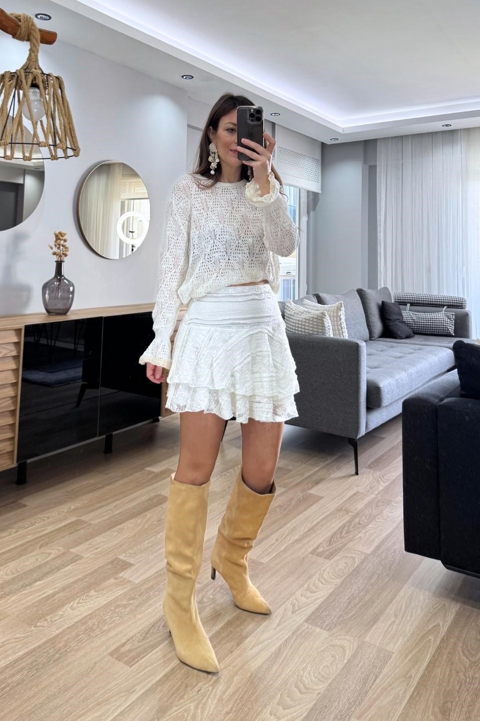 Alisse Vintage Ajur Triko Bluz Ekru