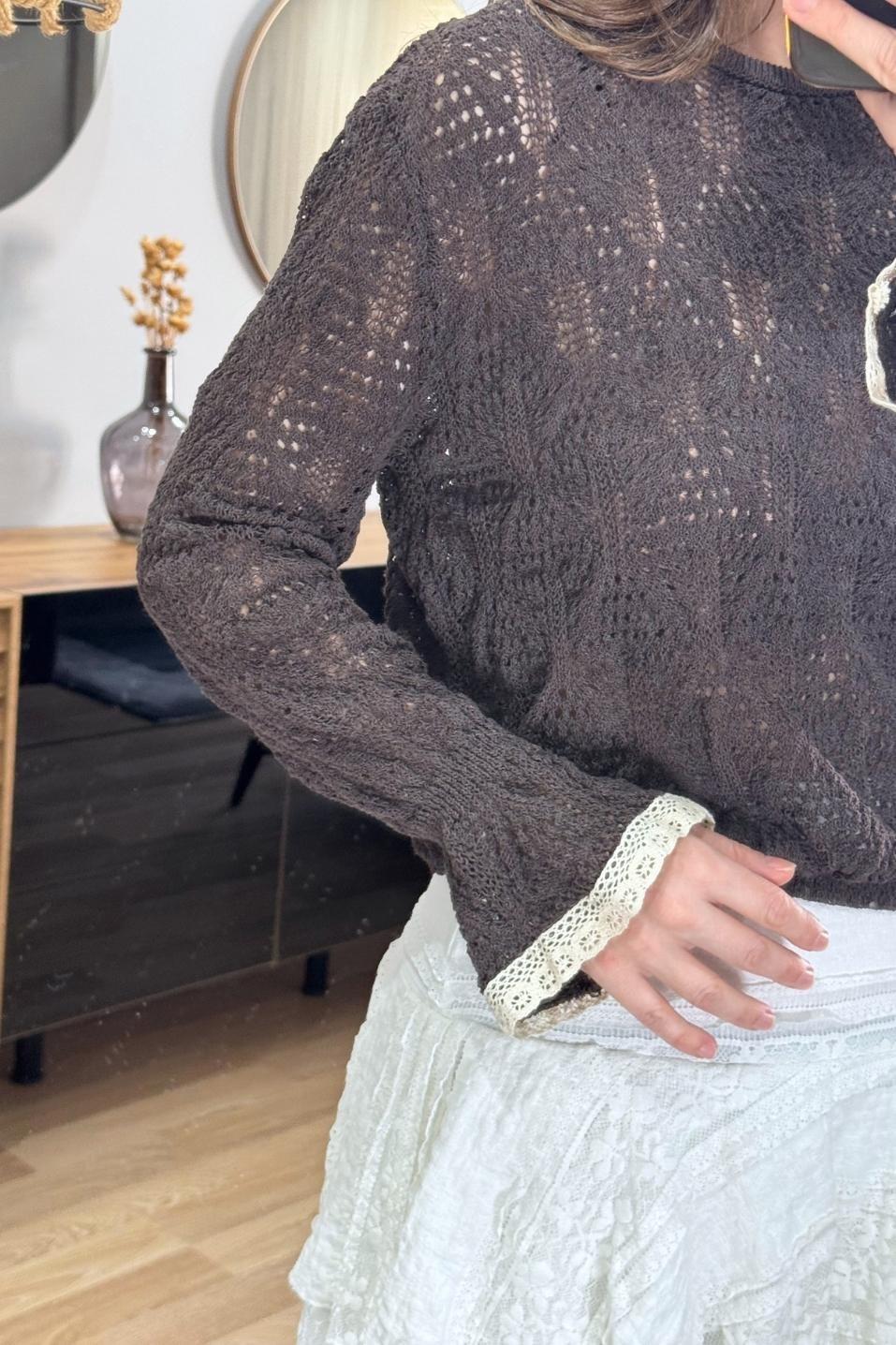 Alisse Vintage Ajur Triko Bluz Kahverengi