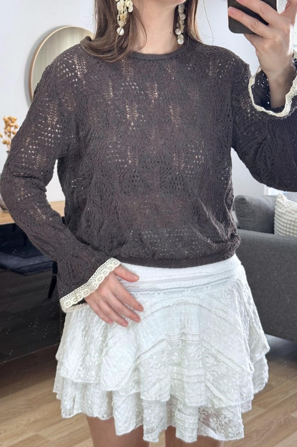 Alisse Vintage Ajur Triko Bluz Kahverengi