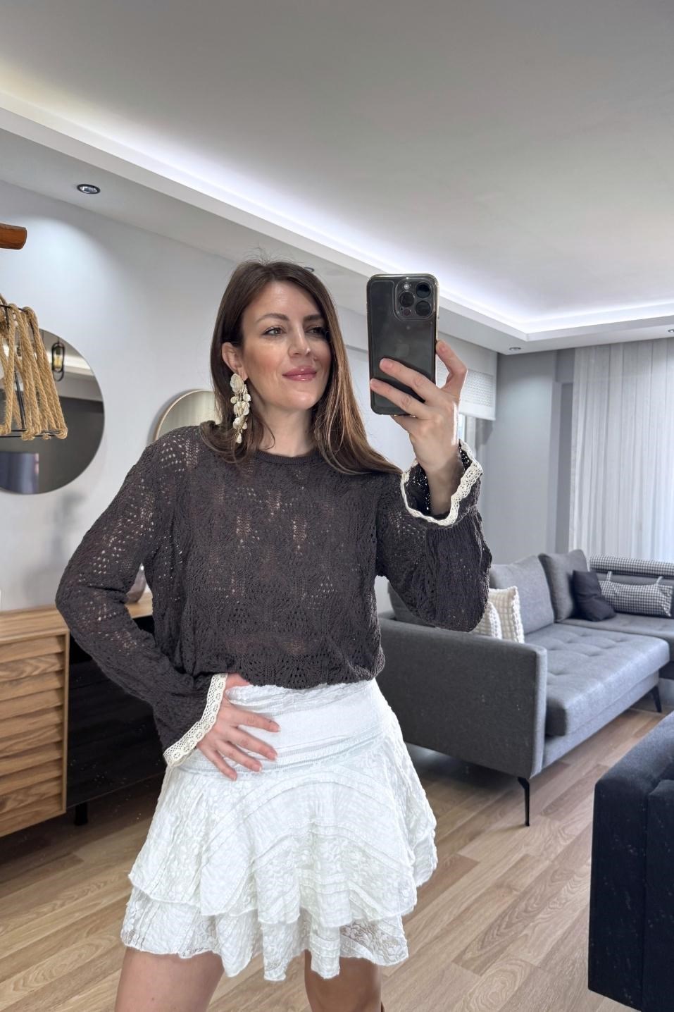 Alisse Vintage Ajur Triko Bluz Kahverengi