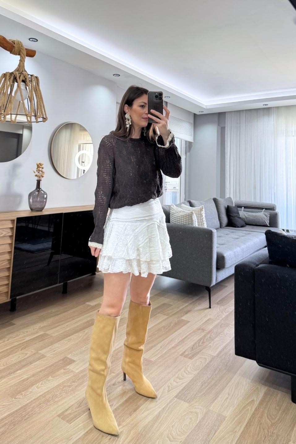 Alisse Vintage Ajur Triko Bluz Kahverengi