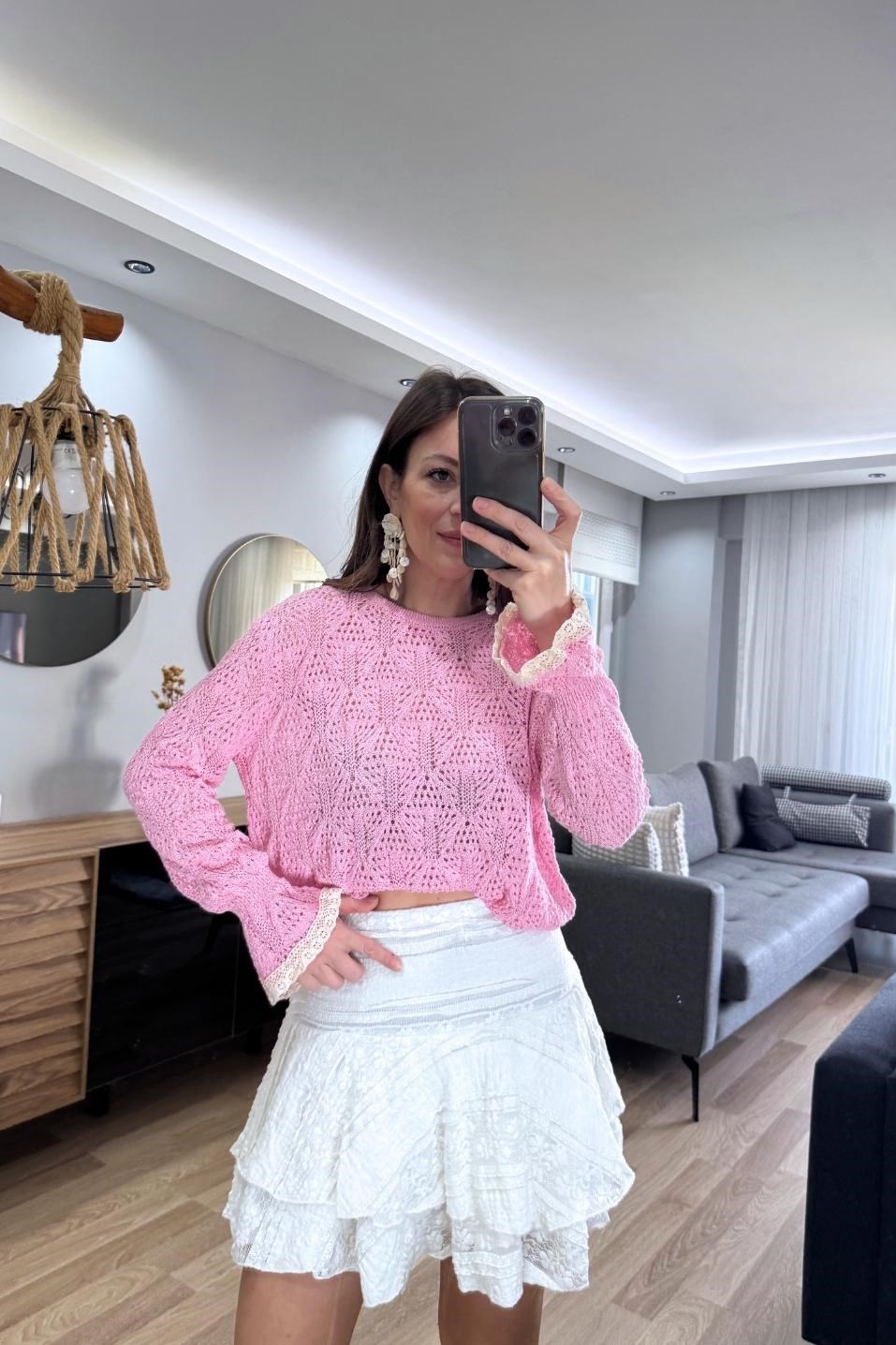 Alisse Vintage Ajur Triko Bluz Pembe
