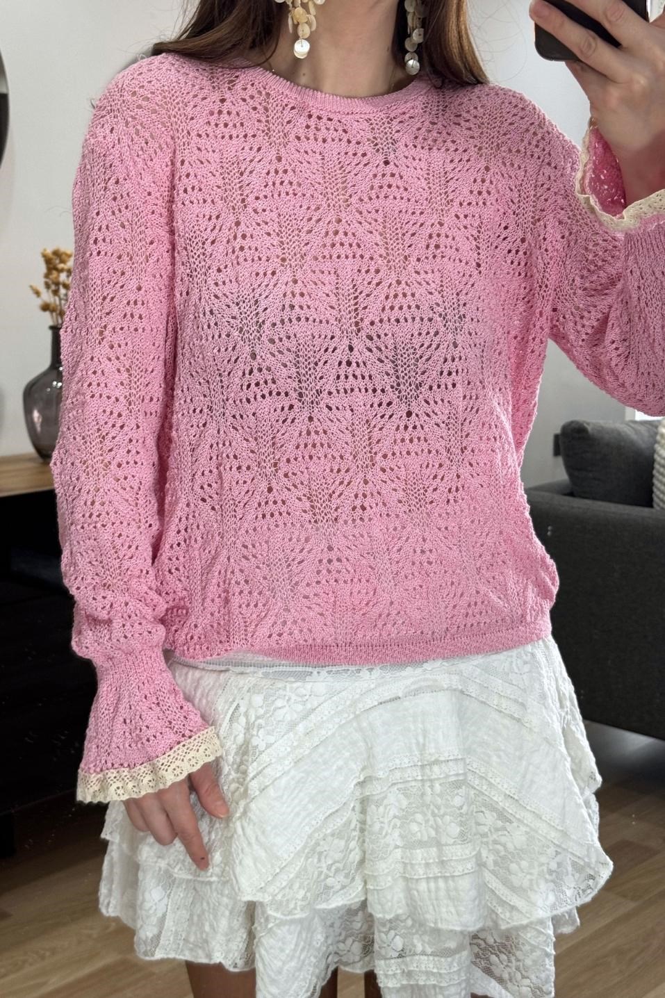 Alisse Vintage Ajur Triko Bluz Pembe
