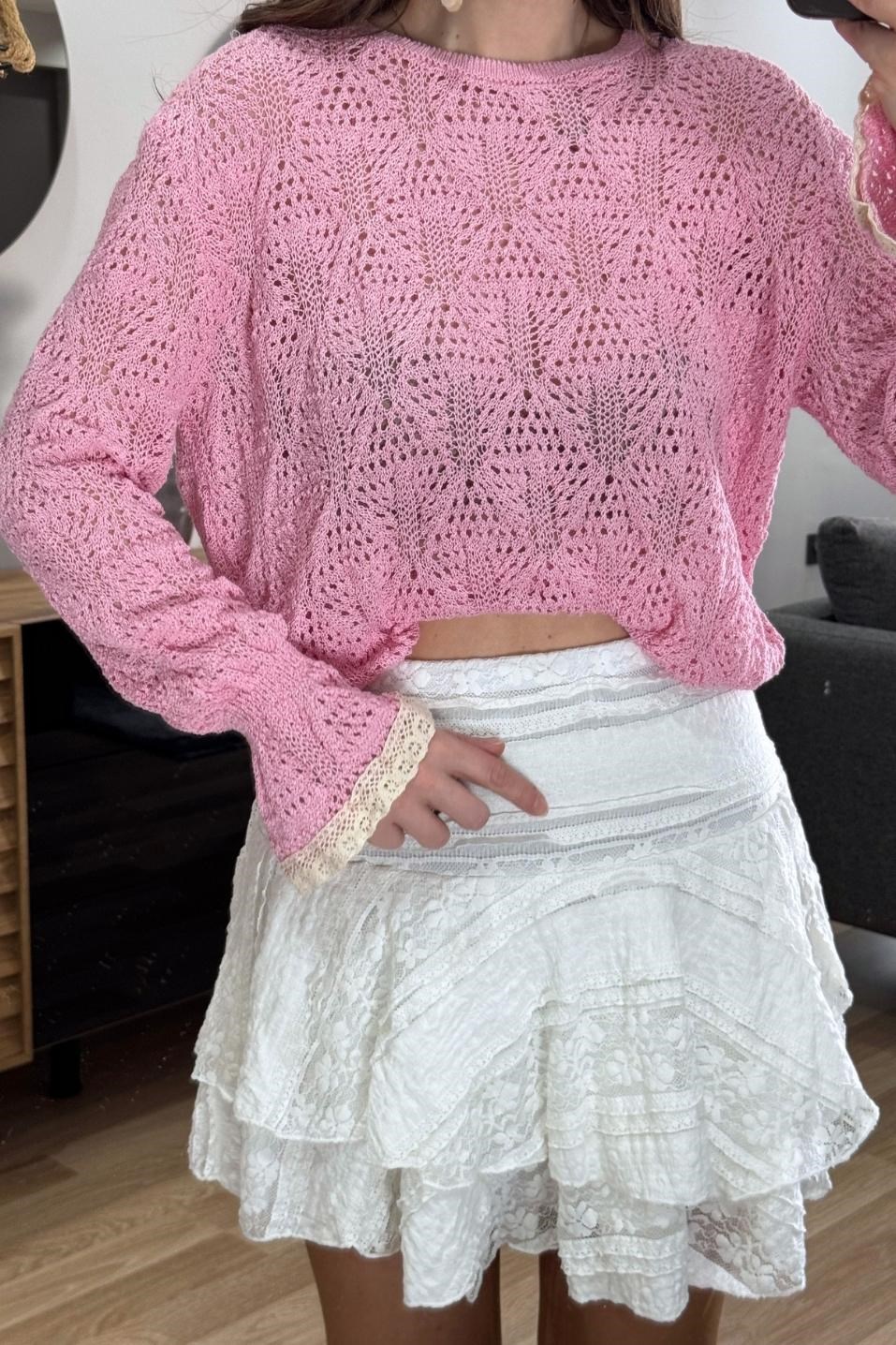 Alisse Vintage Ajur Triko Bluz Pembe