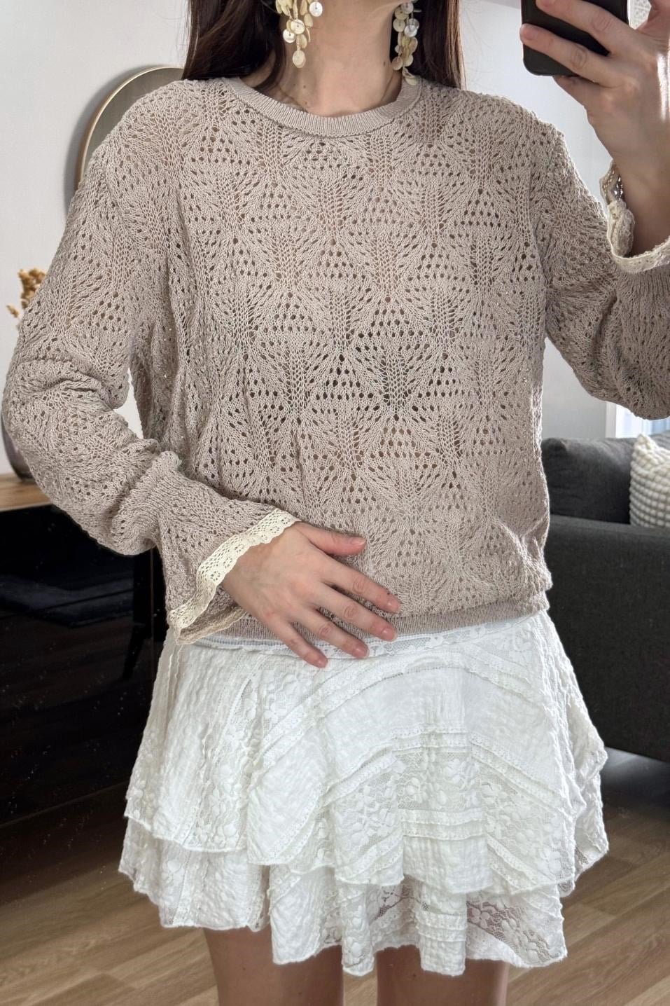 Alisse Vintage Ajur Triko Bluz Taş
