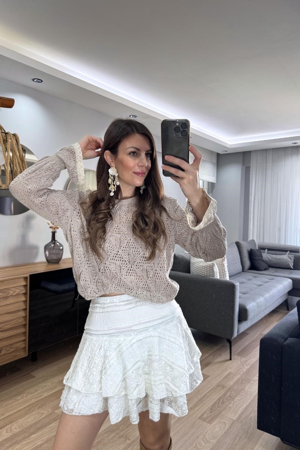 Alisse Vintage Ajur Triko Bluz Taş