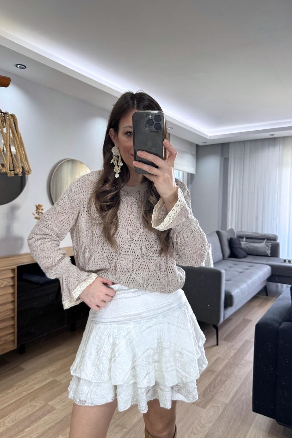 Alisse Vintage Ajur Triko Bluz Taş