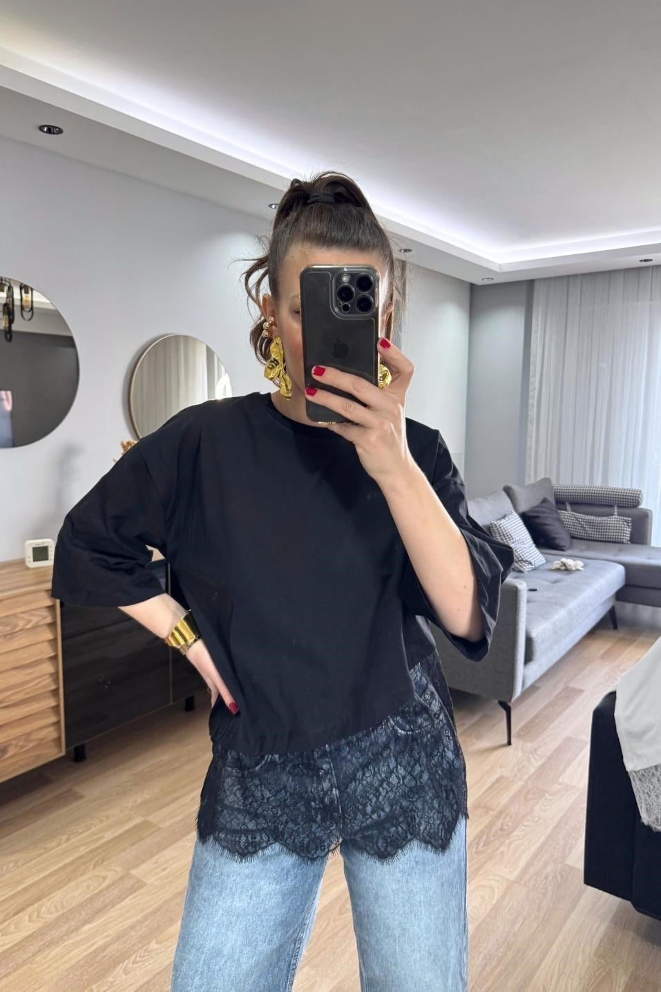 Asimetrik Dantel Katmanlı Bluz Siyah