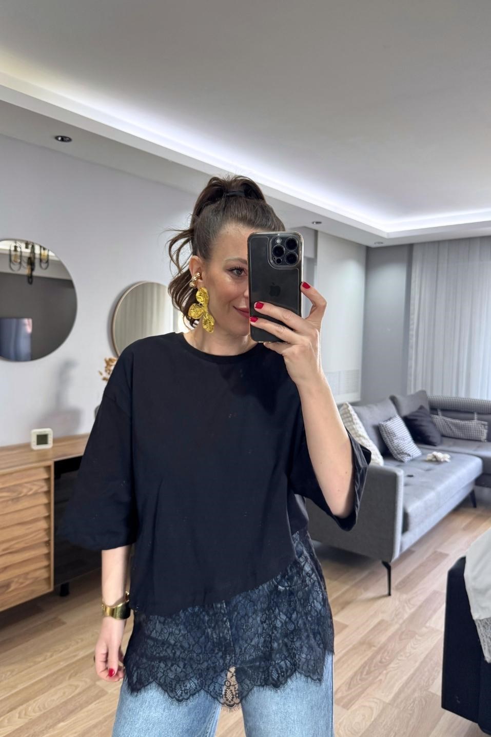 Asimetrik Dantel Katmanlı Bluz Siyah