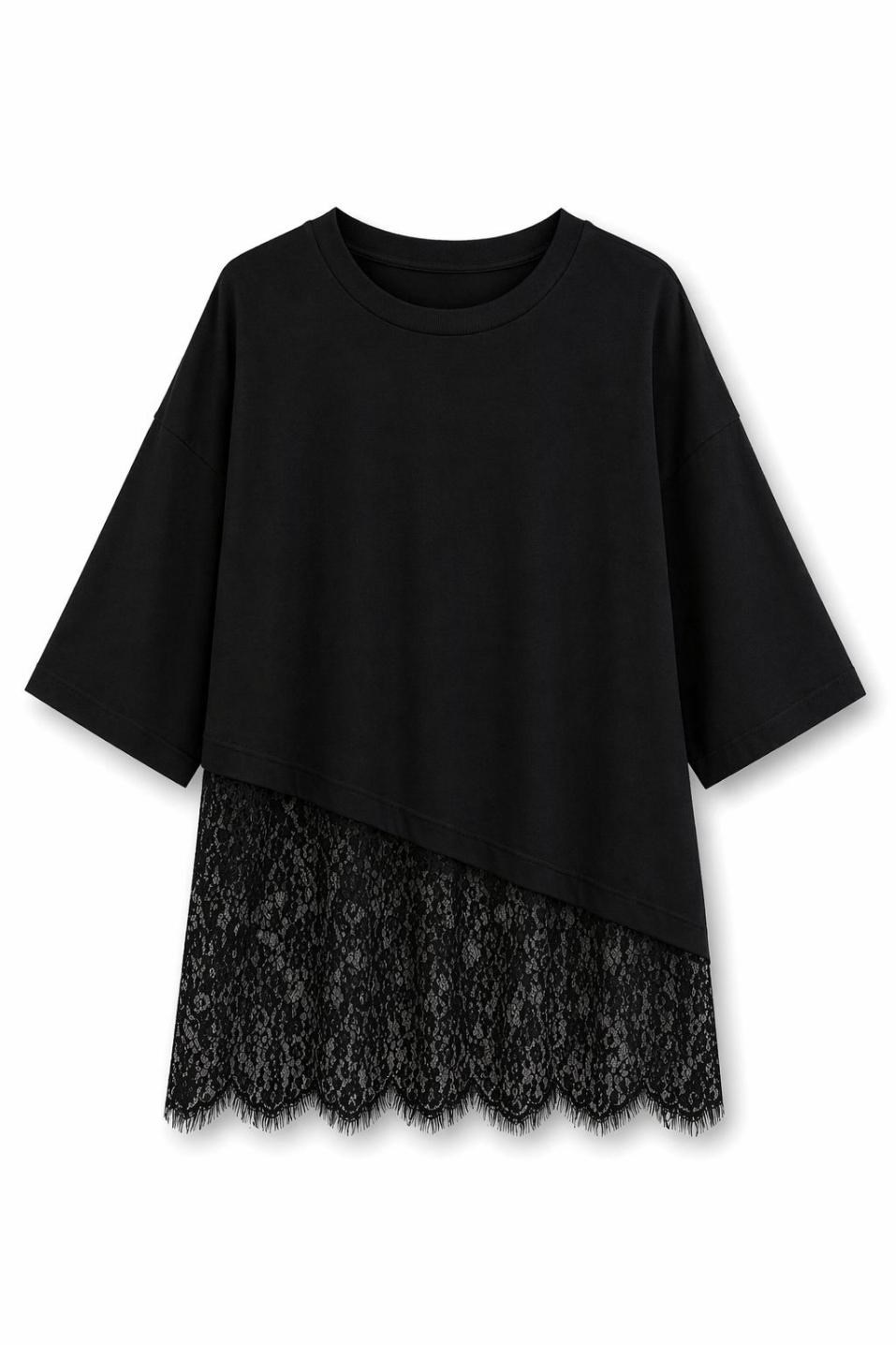 Asimetrik Dantel Katmanlı Bluz Siyah