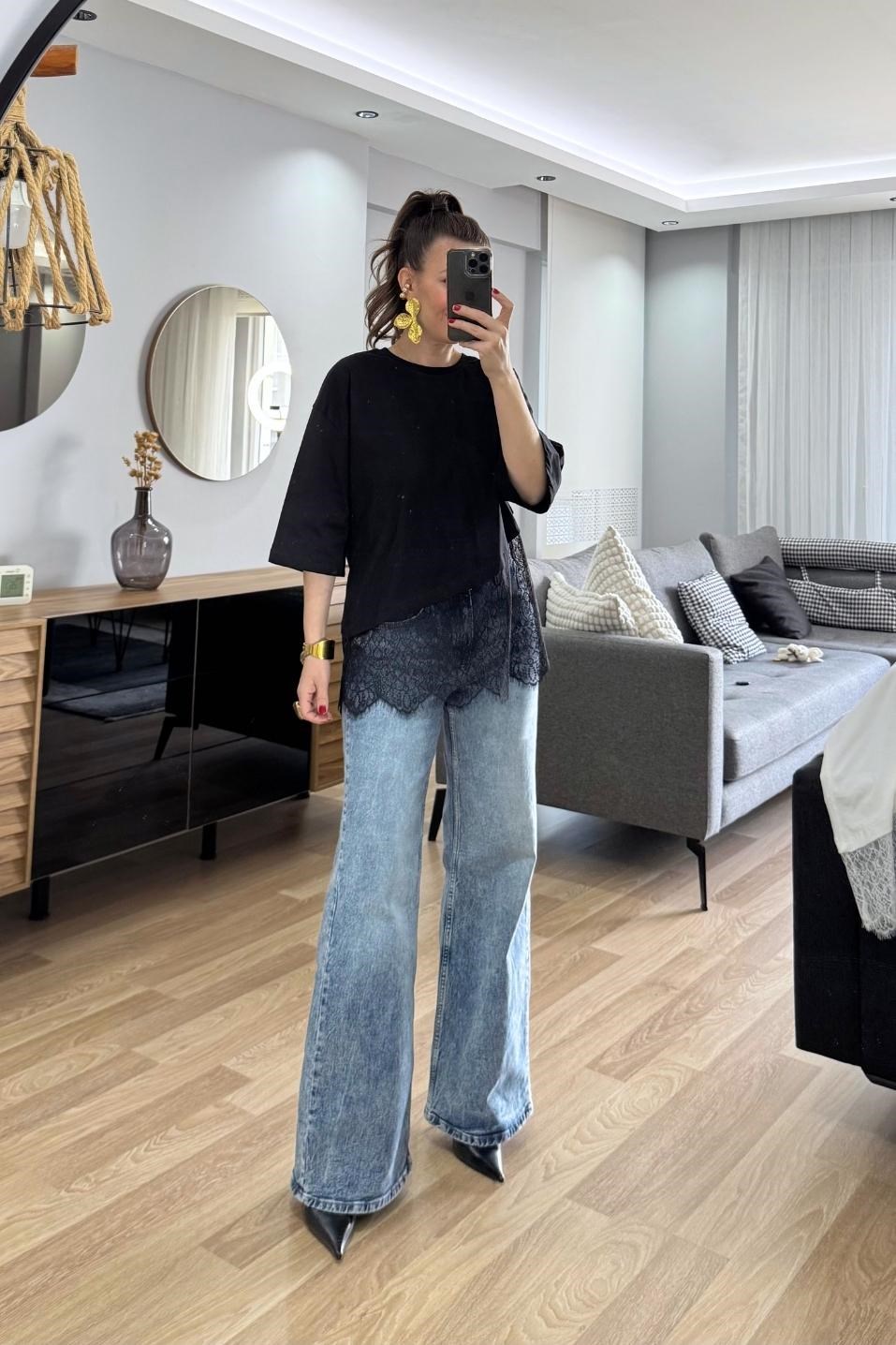 Asimetrik Dantel Katmanlı Bluz Siyah