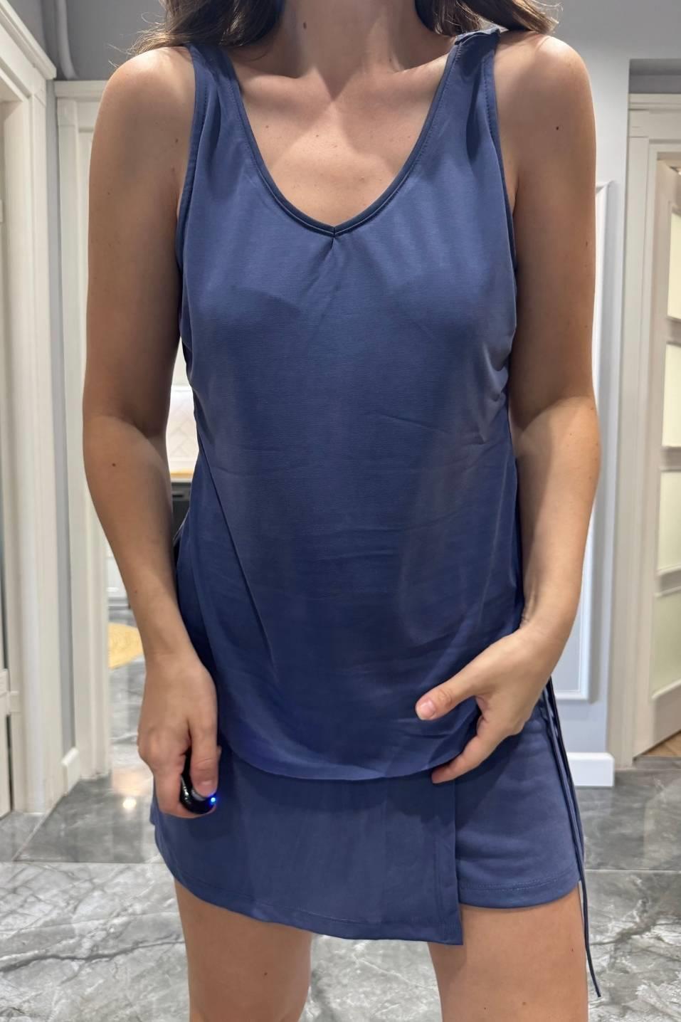 Askılı Dökümlü Bluz Atlet İndigo