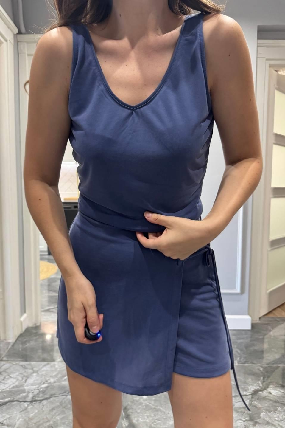 Askılı Dökümlü Bluz Atlet İndigo