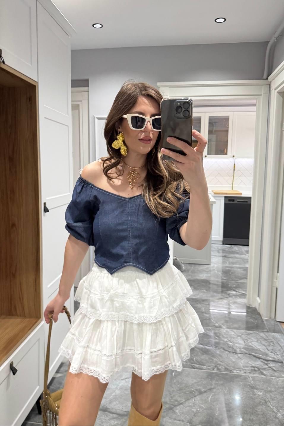Balon Kol Sırt Lastikli Denim Bluz Lacivert
