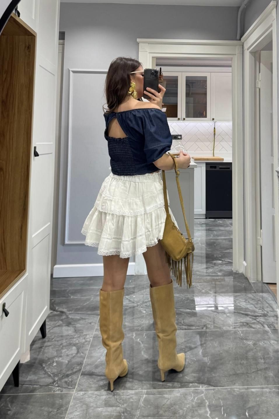 Balon Kol Sırt Lastikli Denim Bluz Lacivert