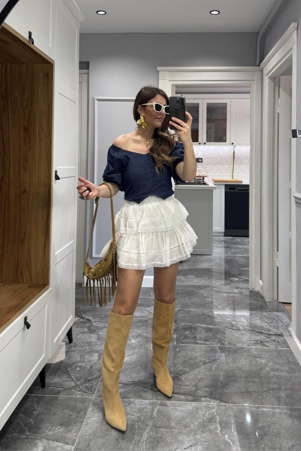 Balon Kol Sırt Lastikli Denim Bluz Lacivert
